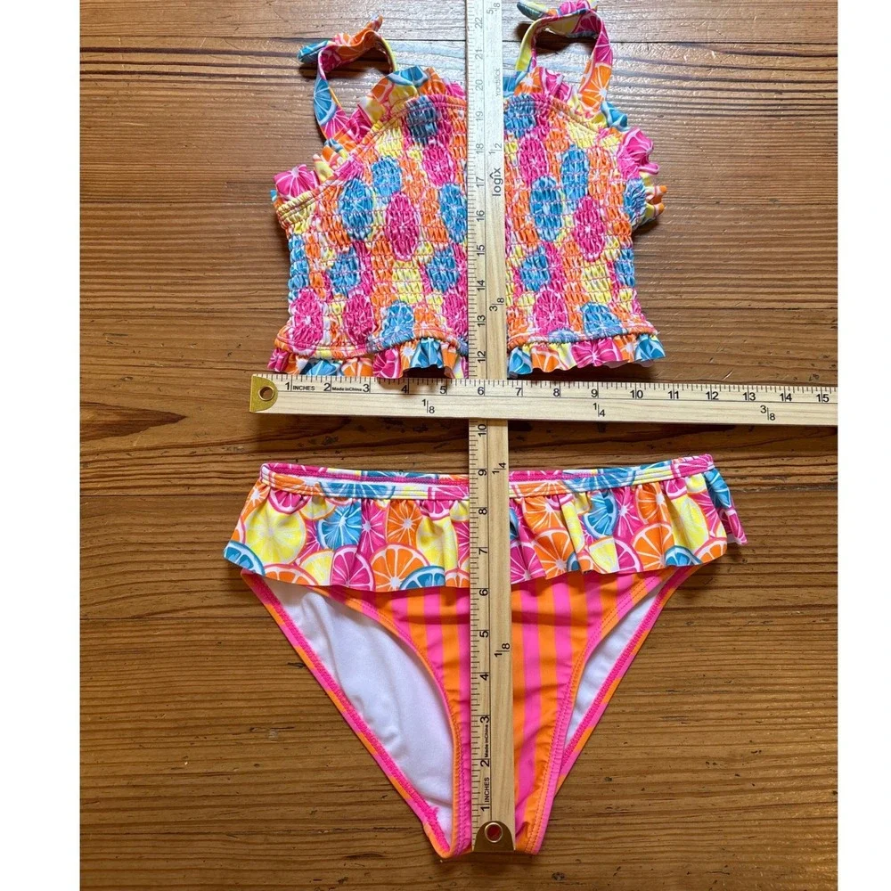 Betsey Johnson Swimsuit Kids‎ Pink Citrus Fruit Smocked Ruffle Bikini SIZE 14 - Picture 4 of 7